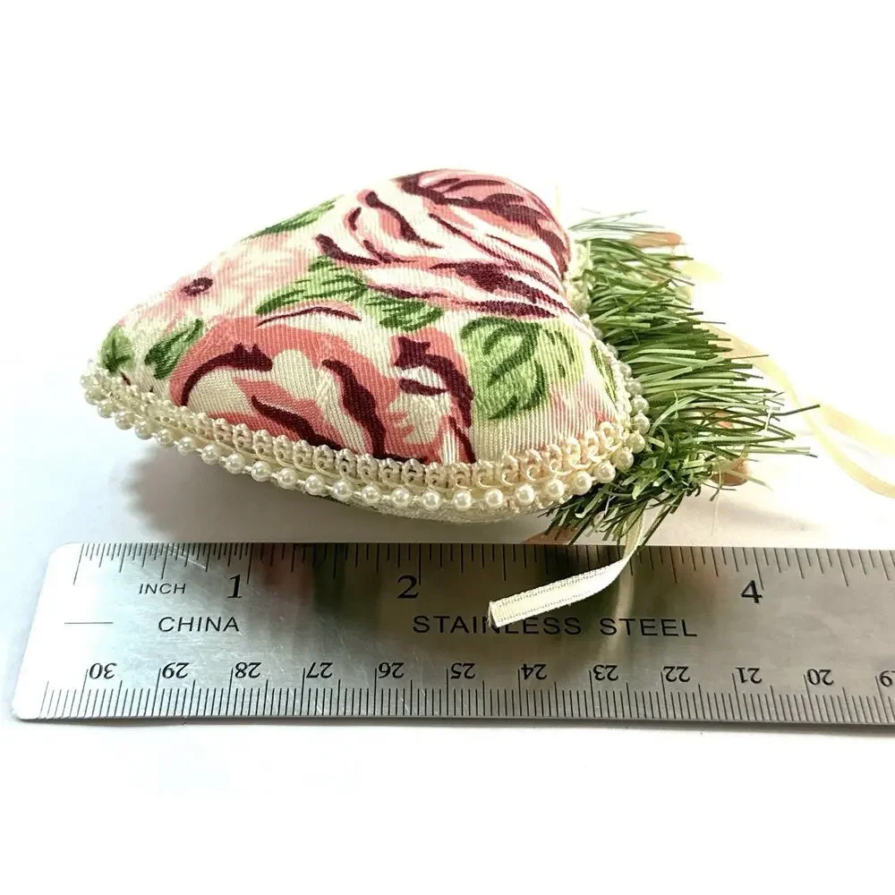 Vintage Victorian Floral Fabric Heart Christmas Ornament Pearl Pinecone 4”